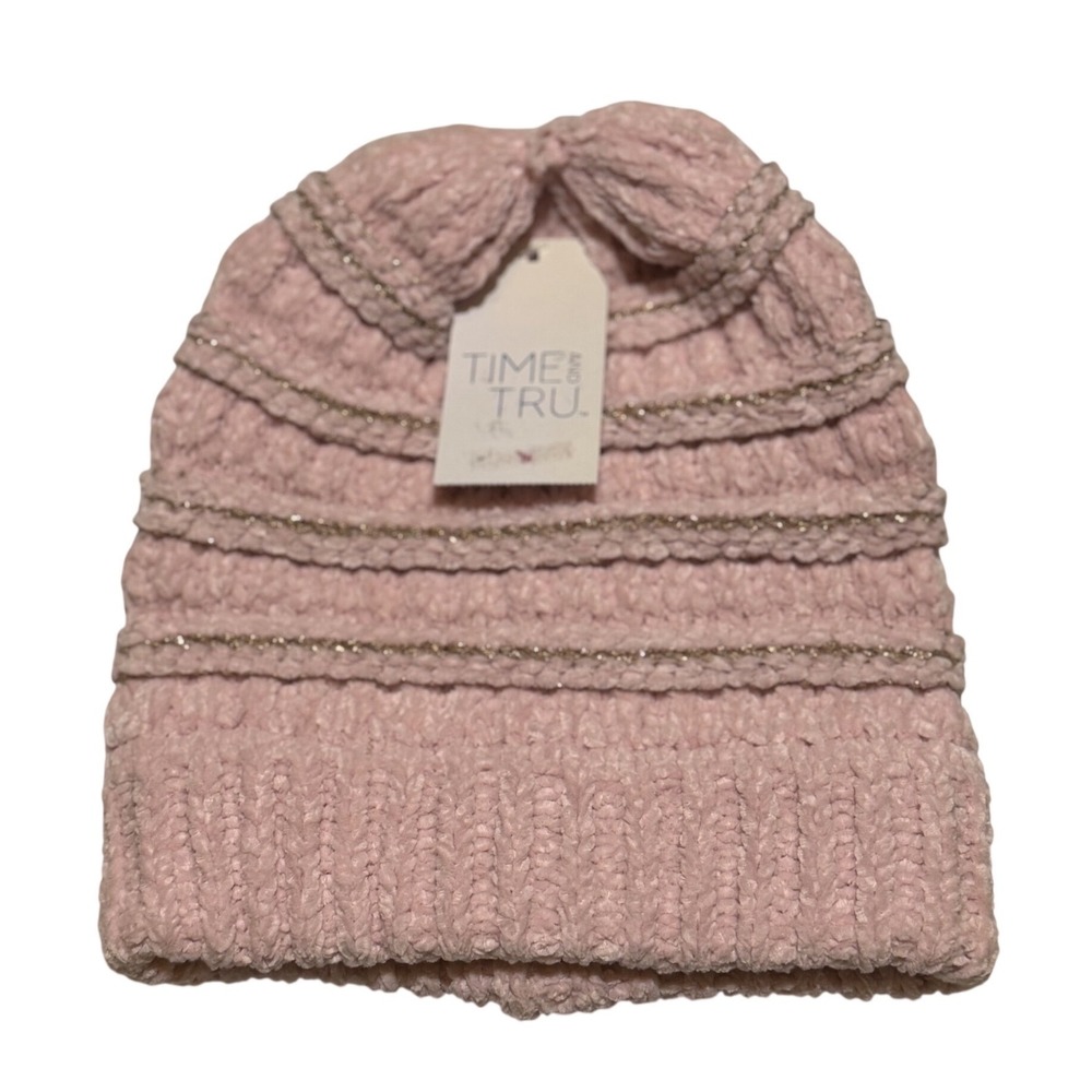Time and Tru‎ Beanie Pink Lurex Knit Chenille Gold Stripe One Size Girls